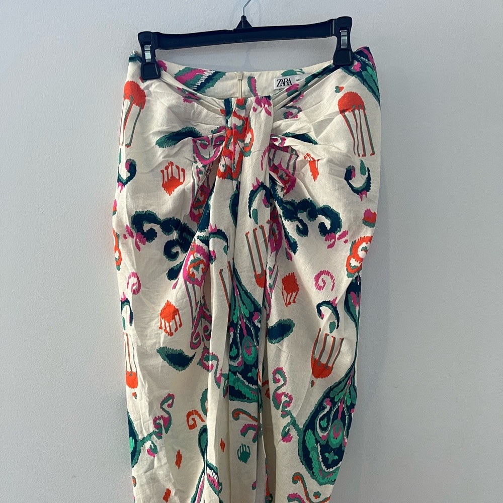 Zara Linen Print Skirt with Front Slit